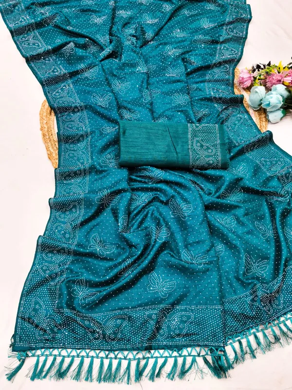 Teal_Blue_Chiffon_Bandhani_Print_Saree_For_Women
