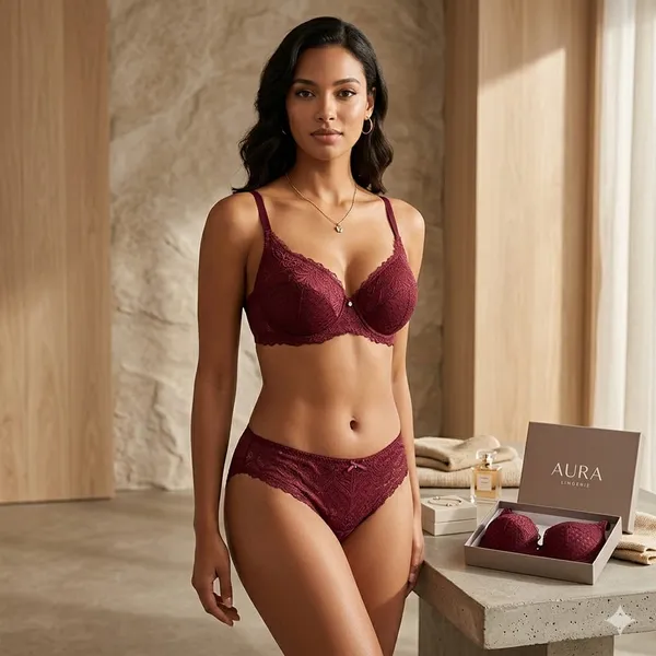 Burgundy_Cotton-Net_Lace_Demi_Cup_Lingerie_Set_For_Women