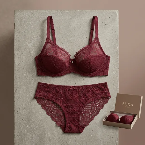 Burgundy_Cotton-Net_Lace_Demi_Cup_Lingerie_Set_For_Women