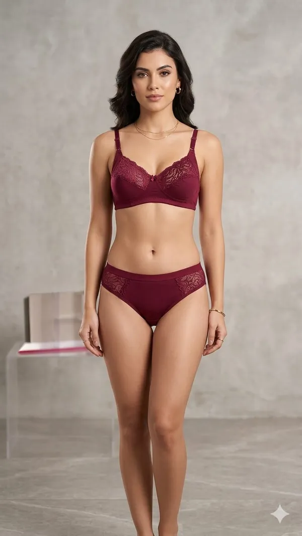 Maroon_Cotton-Net_Lace_Trim_Lingerie_Set_For_Women
