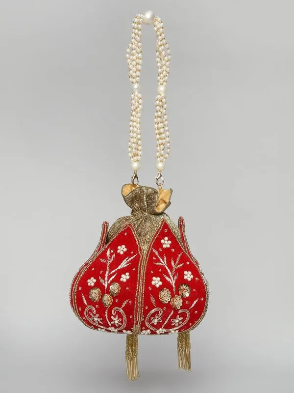 Red_Silk_Bead_Embellished_Drawstring_Potli_Bag_For_Women