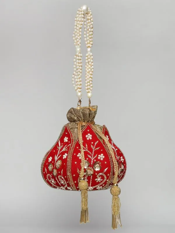 Red_Silk_Bead_Embellished_Drawstring_Potli_Bag_For_Women
