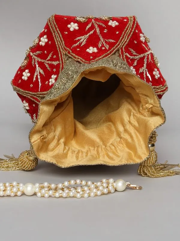 Red_Silk_Bead_Embellished_Drawstring_Potli_Bag_For_Women