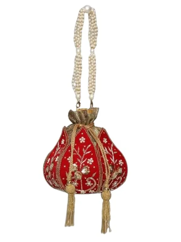 Red_Silk_Bead_Embellished_Drawstring_Potli_Bag_For_Women