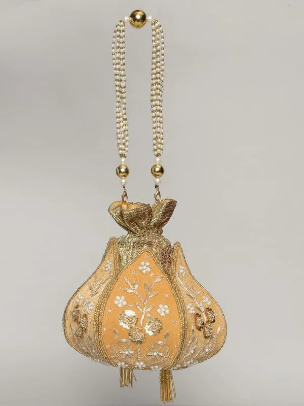 Orange_Silk_Zari_Pearl_Drawstring_Potli_Bag_For_Women
