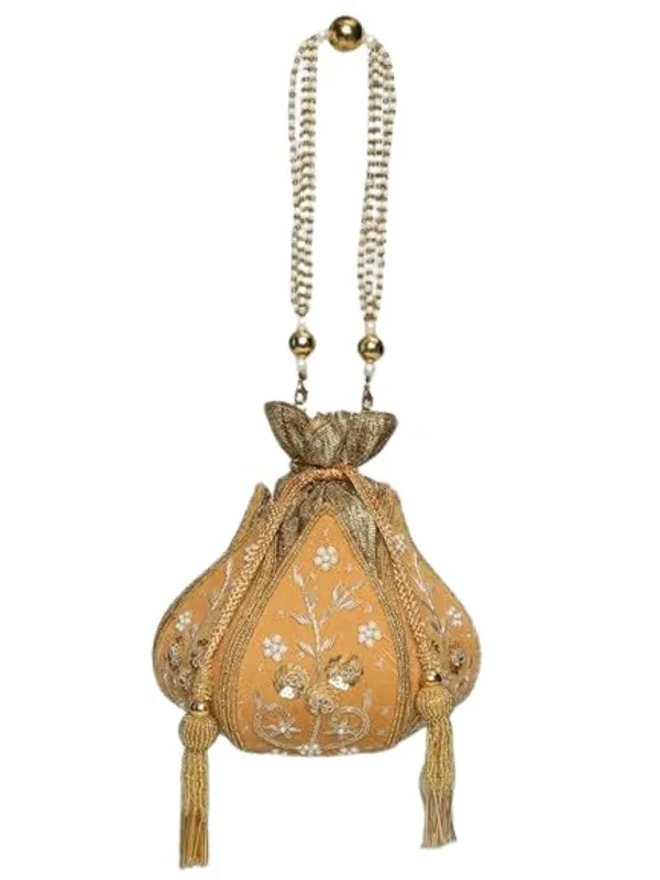 Orange_Silk_Zari_Pearl_Drawstring_Potli_Bag_For_Women