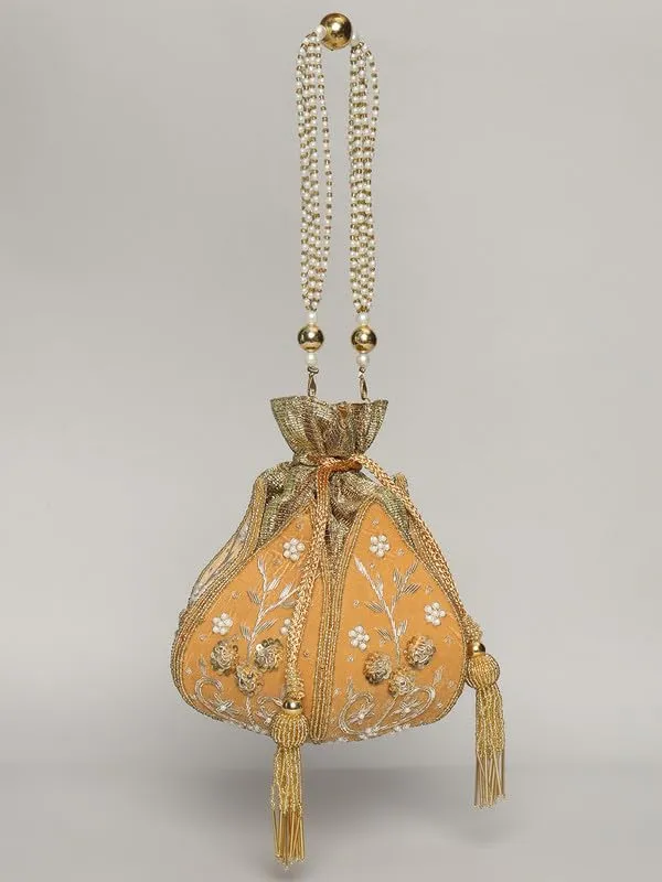 Orange_Silk_Zari_Pearl_Drawstring_Potli_Bag_For_Women