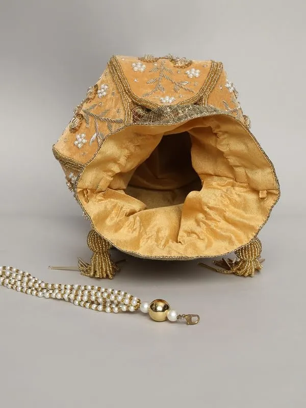 Orange_Silk_Zari_Pearl_Drawstring_Potli_Bag_For_Women