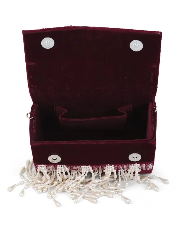 Maroon_Silk_Pearl_Sequin_Fringe_Tassel_Handbag_For_Women