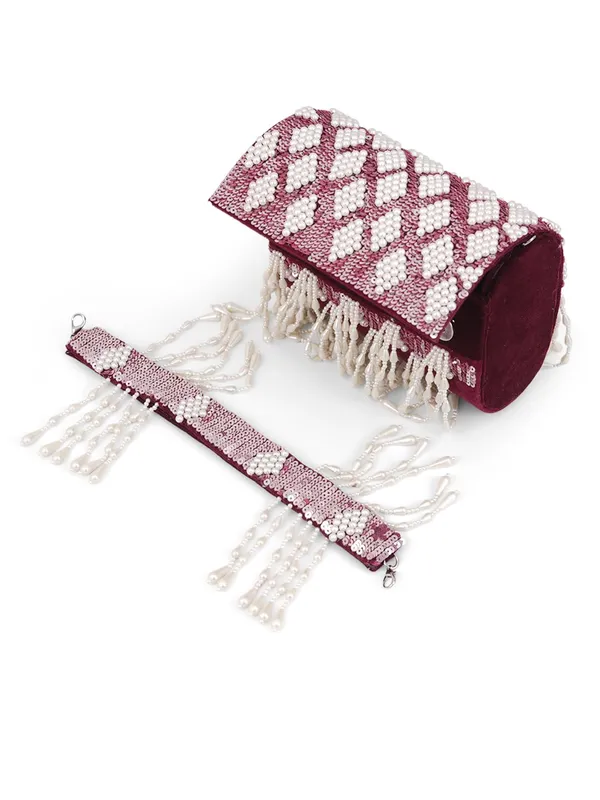Maroon_Silk_Pearl_Sequin_Fringe_Tassel_Handbag_For_Women