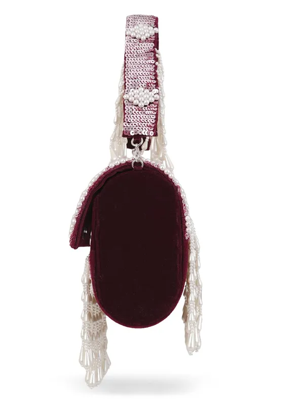 Maroon_Silk_Pearl_Sequin_Fringe_Tassel_Handbag_For_Women