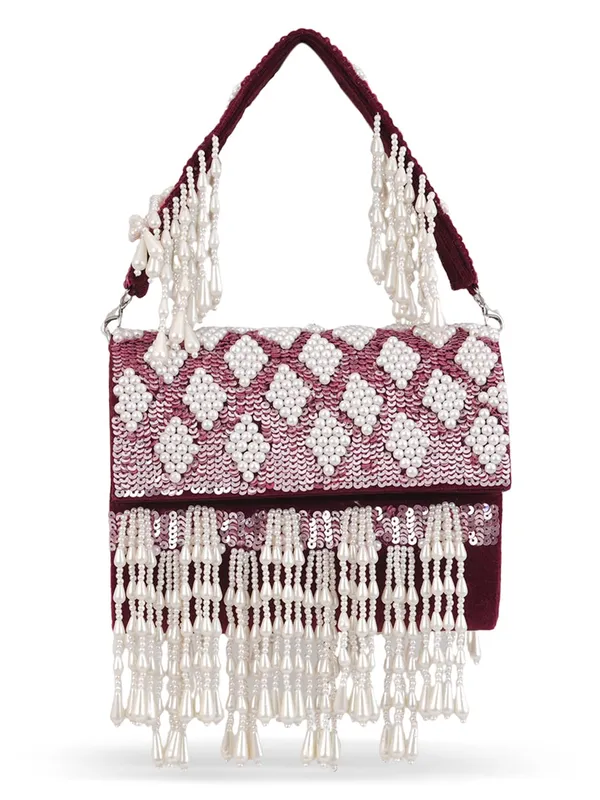 Maroon_Silk_Pearl_Sequin_Fringe_Tassel_Handbag_For_Women
