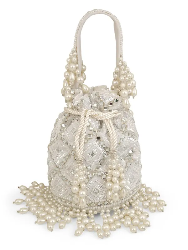 White_Silk_Pearl_Mirror_Work_Bridal_Potli_Bag_For_Women