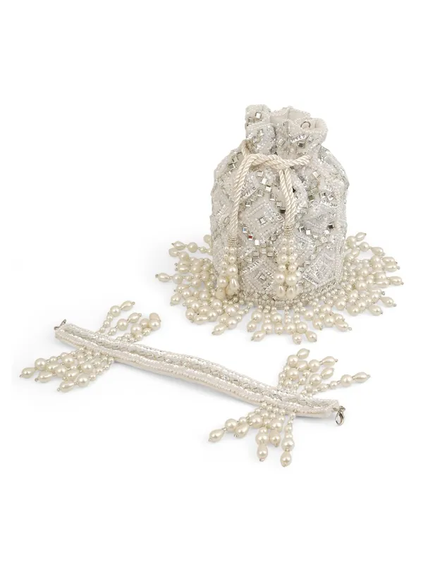 White_Silk_Pearl_Mirror_Work_Bridal_Potli_Bag_For_Women