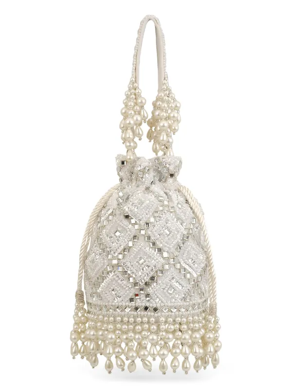 White_Silk_Pearl_Mirror_Work_Bridal_Potli_Bag_For_Women