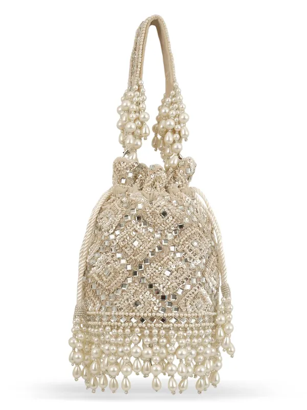 Beige_Silk_Mirror_Work_Pearl_Drawstring_Potli_Bag_For_Women