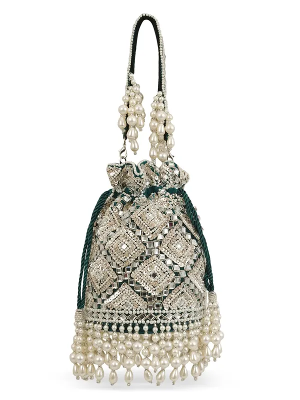 Green_And_White_Silk_Mirror_Work_Pearl_Drawstring_Potli_Bag_For_Women