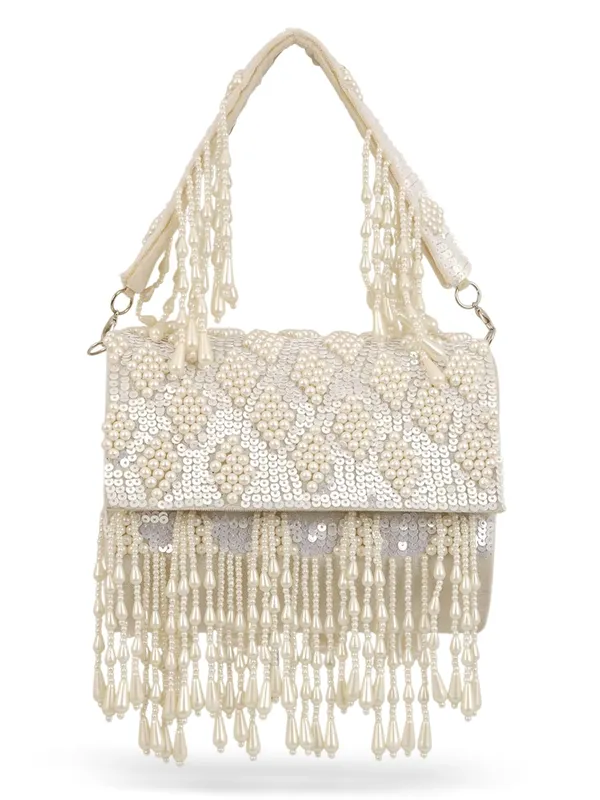 Cream_Silk_Pearl_Beaded_Sequin_Fringe_Handbag_For_Women