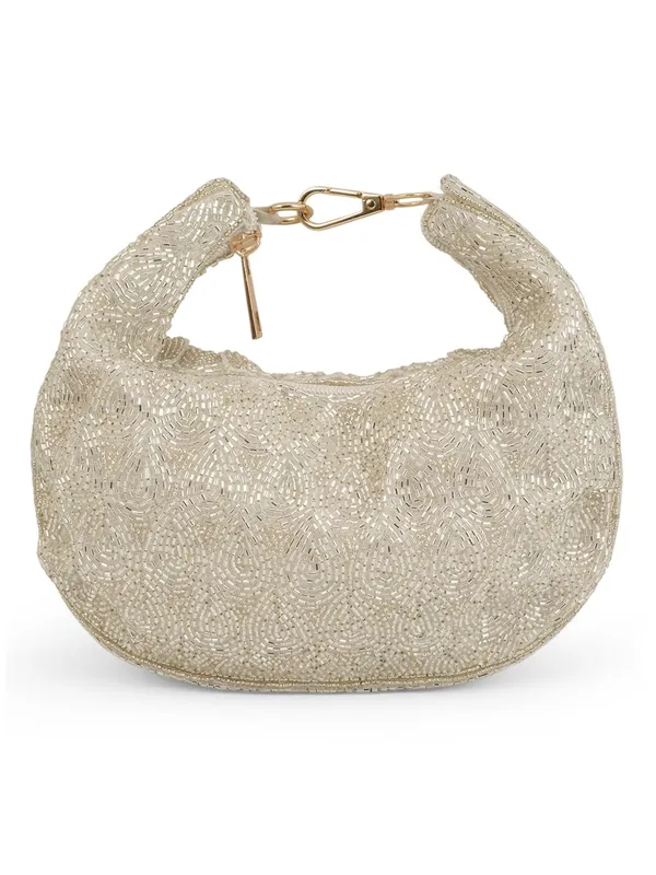 White_Silk_Beaded_Scallop_Hobo_Bag_For_Women
