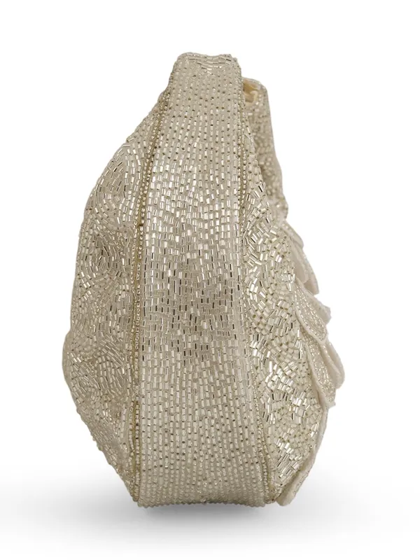 White_Silk_Beaded_Scallop_Hobo_Bag_For_Women