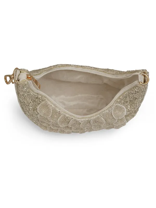 White_Silk_Beaded_Scallop_Hobo_Bag_For_Women