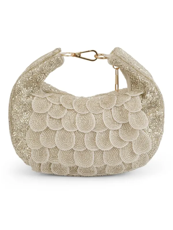 White_Silk_Beaded_Scallop_Hobo_Bag_For_Women