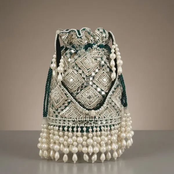Green_And_White_Silk_Mirror_Work_Pearl_Drawstring_Potli_Bag_For_Women