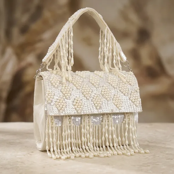 Cream_Silk_Pearl_Beaded_Sequin_Fringe_Handbag_For_Women