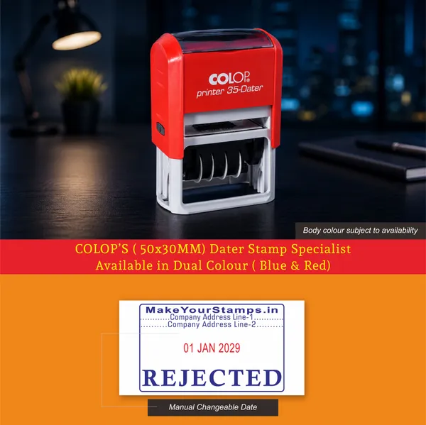 SELF_INK_STAMP_(REJECTED)_WITH_DATE_IN_CENTRE_AND_DUAL_COLOUR_IMPRESSION