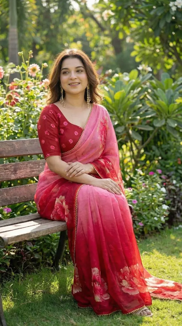 Red_And_Pink_Ombre_Floral_Georgette_Saree_With_Heavy_Border_&_Blouse_Piece