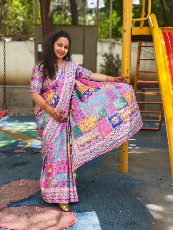 Chunri_Bloom_Mosaic_Mirror_Chinnon_Silk_Saree_with_Hand_work_&_Blouse_Piece