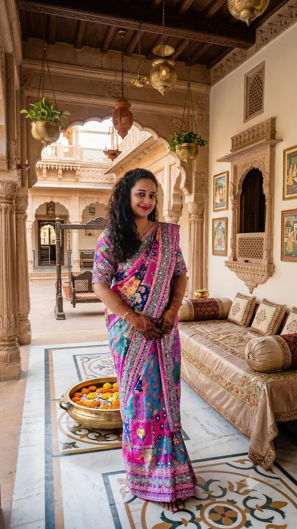 Chunri_Bloom_Mosaic_Mirror_Chinnon_Silk_Saree_with_Hand_work_&_Blouse_Piece