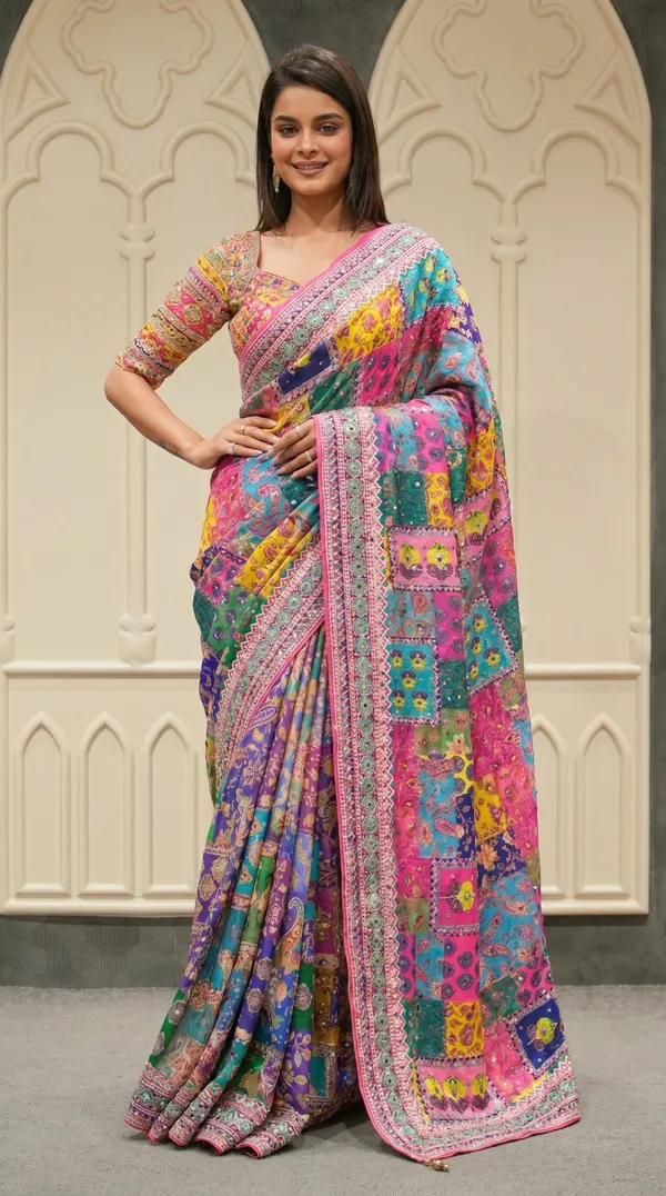 Chunri_Bloom_Mosaic_Mirror_Chinnon_Silk_Saree_with_Hand_work_&_Blouse_Piece
