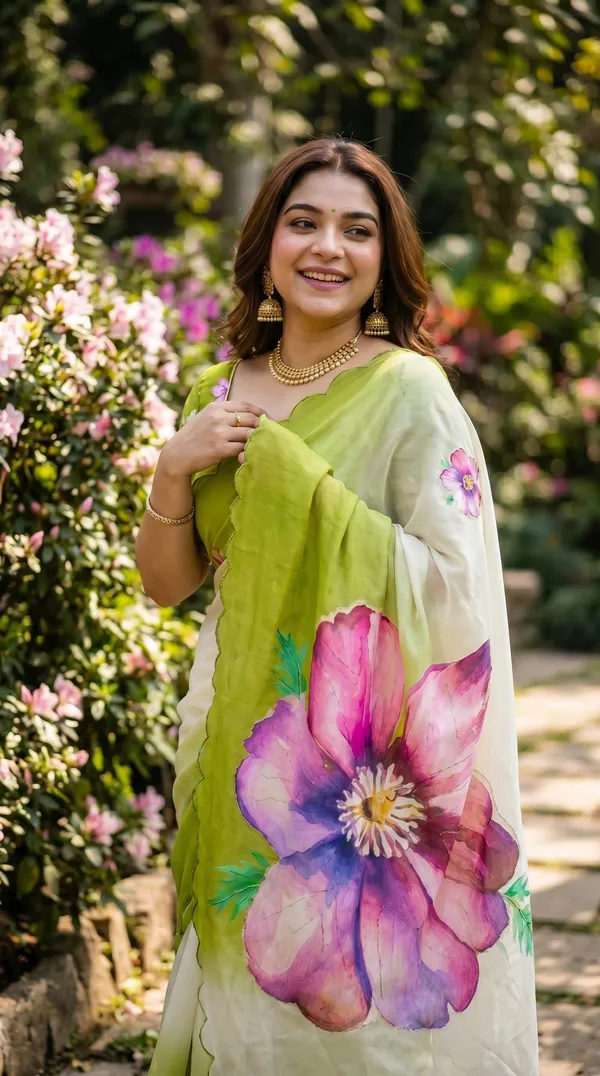 Lime_Green_And_White_Ombre_Floral_Georgette_Saree_With_Delicate_Hand_Work_&_Blouse_Piece
