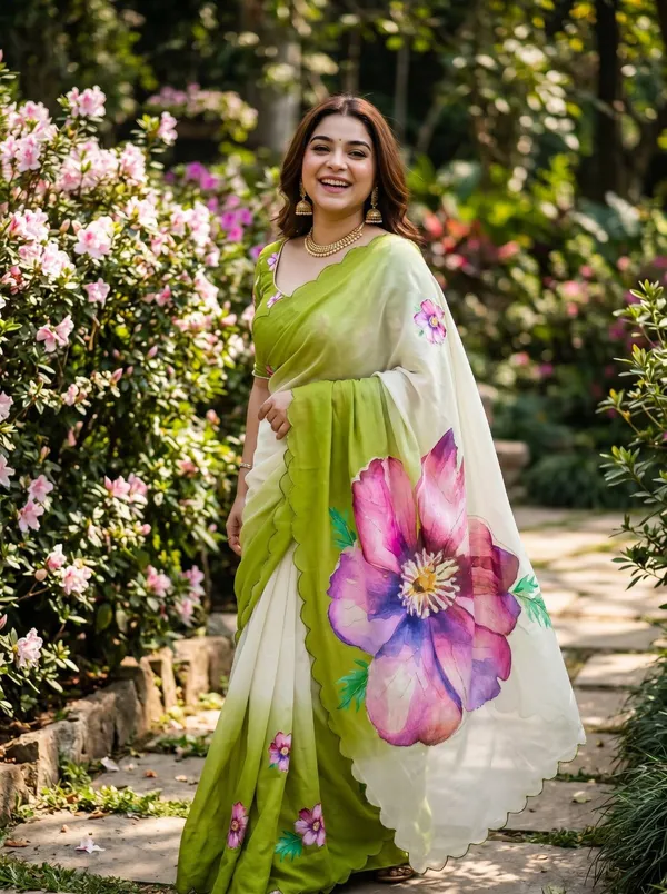 Lime_Green_And_White_Ombre_Floral_Georgette_Saree_With_Delicate_Hand_Work_&_Blouse_Piece