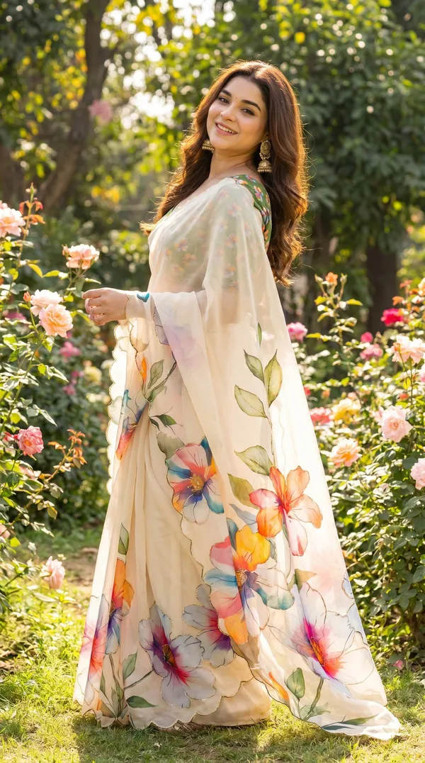 Off_White_Floral_Georgette_Saree_With_Delicate_Hand_Work_&_Blouse_Piece
