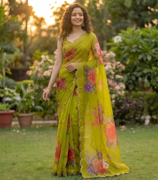 Lime_Green_Georgette_Floral_Print_Hand_Work_Saree_With_Heavy_Border_&_Blouse_Piece