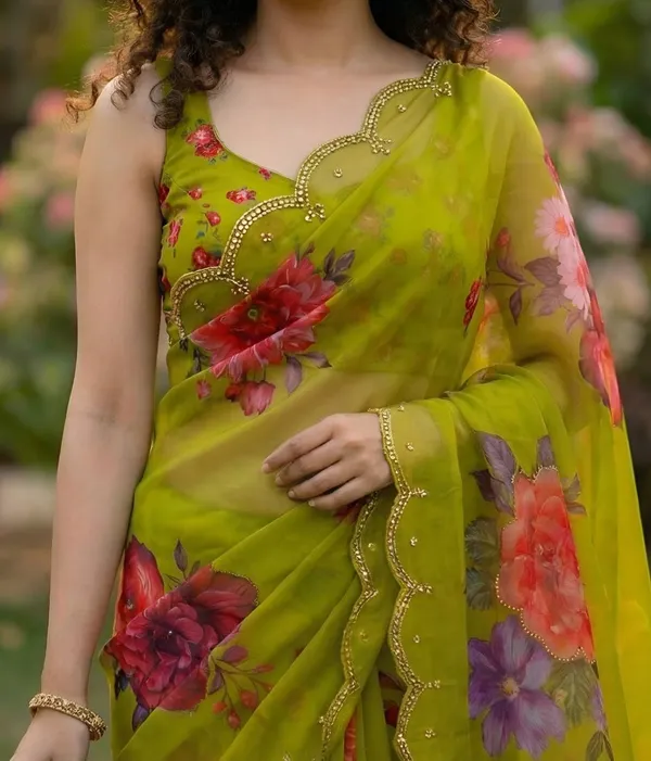 Lime_Green_Georgette_Floral_Print_Hand_Work_Saree_With_Heavy_Border_&_Blouse_Piece
