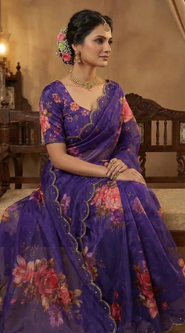 Elegant_Deep_Purple_Floral_Print_Hand_Work_Saree_With_Heavy_Border_&_Blouse_Piece