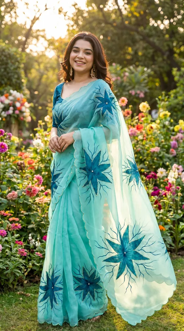 Mint_Teal_Floral_Georgette_Saree_With_Delicate_Hand_Work_&_Blouse_Piece
