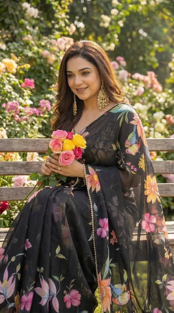 Jet_Black_Floral_Georgette_Saree_With_Heavy_Border_&_Blouse_Piece