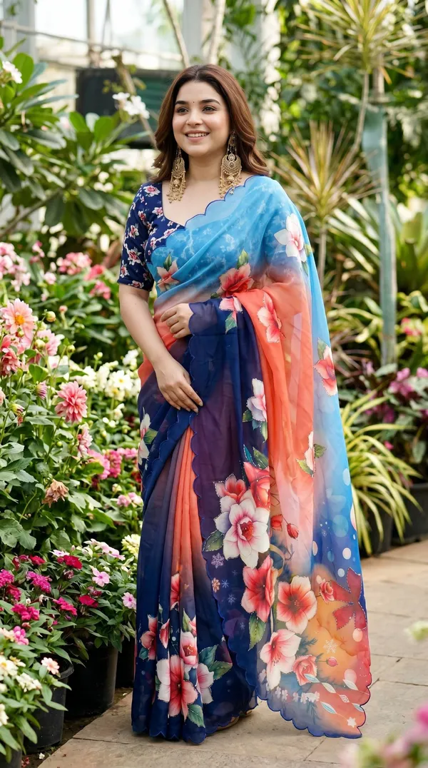 Deep_Blue_And_Orange_Floral_Georgette_Saree_With_Delicate_Hand_Work_&_Blouse_Piece