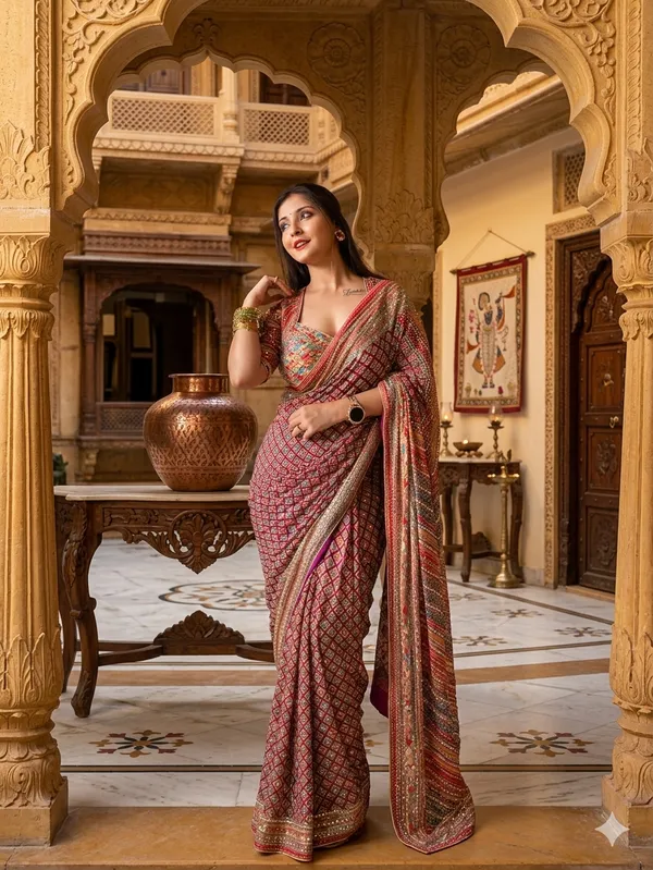 Rangat_Chinon_Silk_Saree_With_Mirror_Work_&_Blouse_Piece