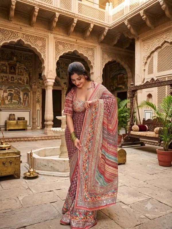 Rangat_Chinon_Silk_Saree_With_Mirror_Work_&_Blouse_Piece
