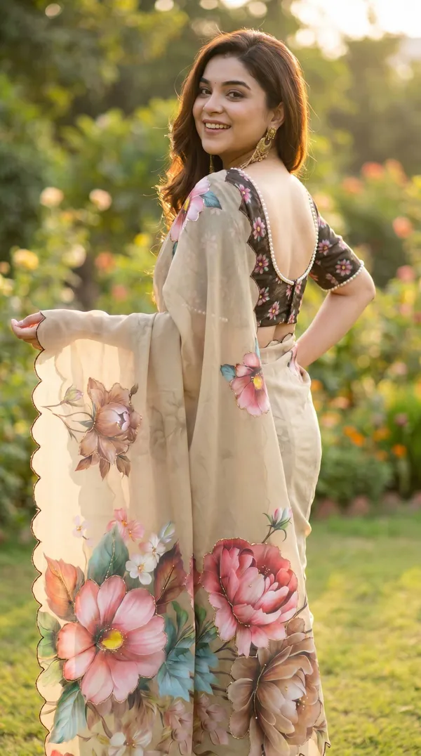 Beige_Floral_Georgette_Saree_With_Delicate_Hand_Work_&_Blouse_Piece