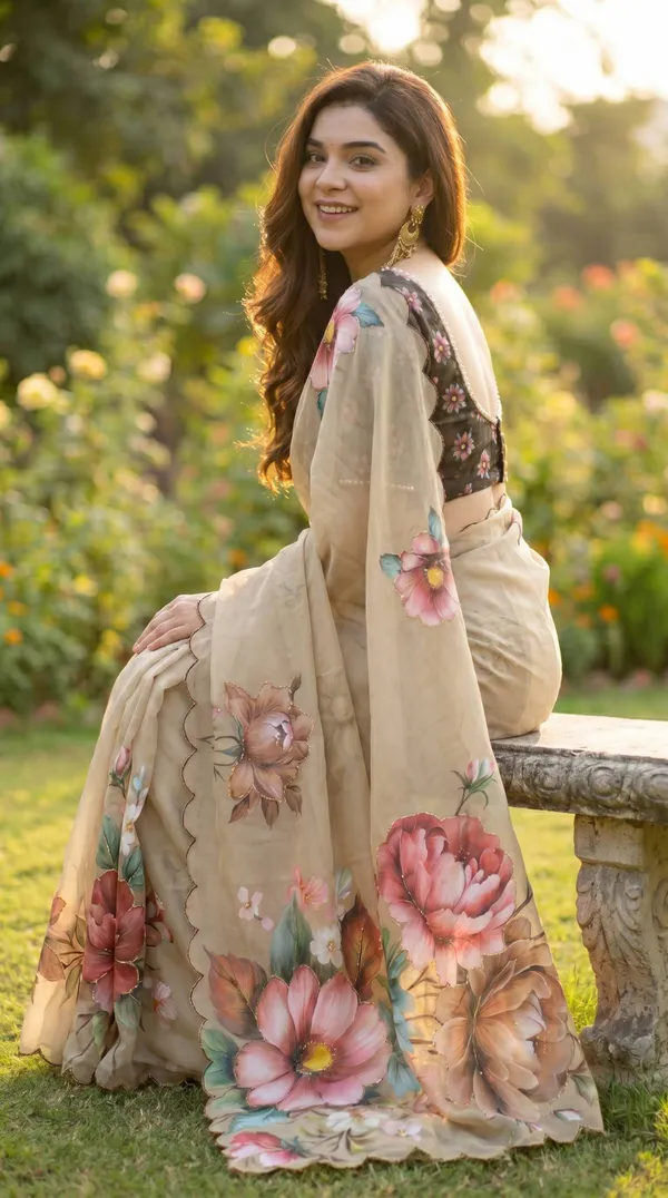 Beige_Floral_Georgette_Saree_With_Delicate_Hand_Work_&_Blouse_Piece