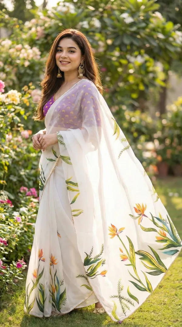 Off_White_Floral_Georgette_Saree_With_Heavy_Border_&_Blouse_Piece