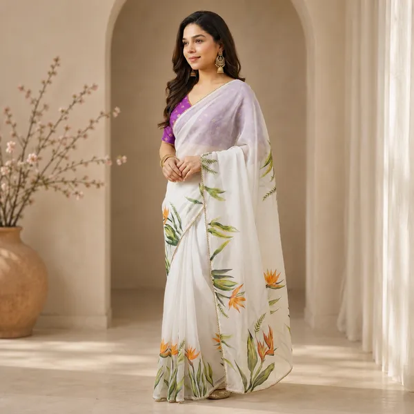 Off_White_Floral_Georgette_Saree_With_Heavy_Border_&_Blouse_Piece