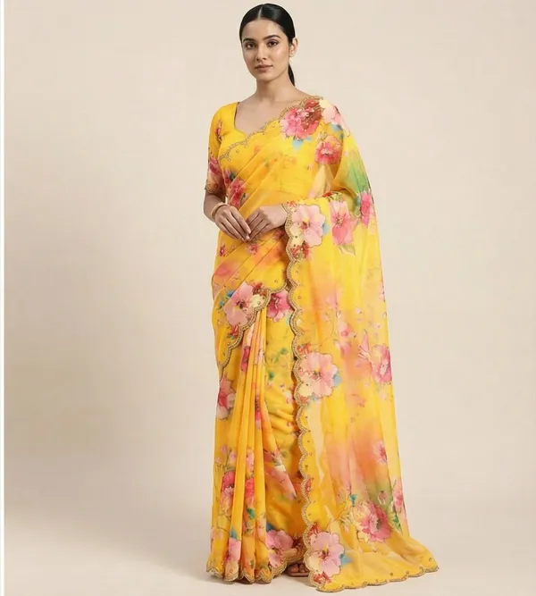 Sunflower_Yellow_Floral_Hand_Work_Georgette_Saree_With_Heavy_Border_&_Blouse_Piece