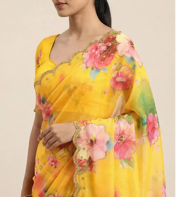 Sunflower_Yellow_Floral_Hand_Work_Georgette_Saree_With_Heavy_Border_&_Blouse_Piece